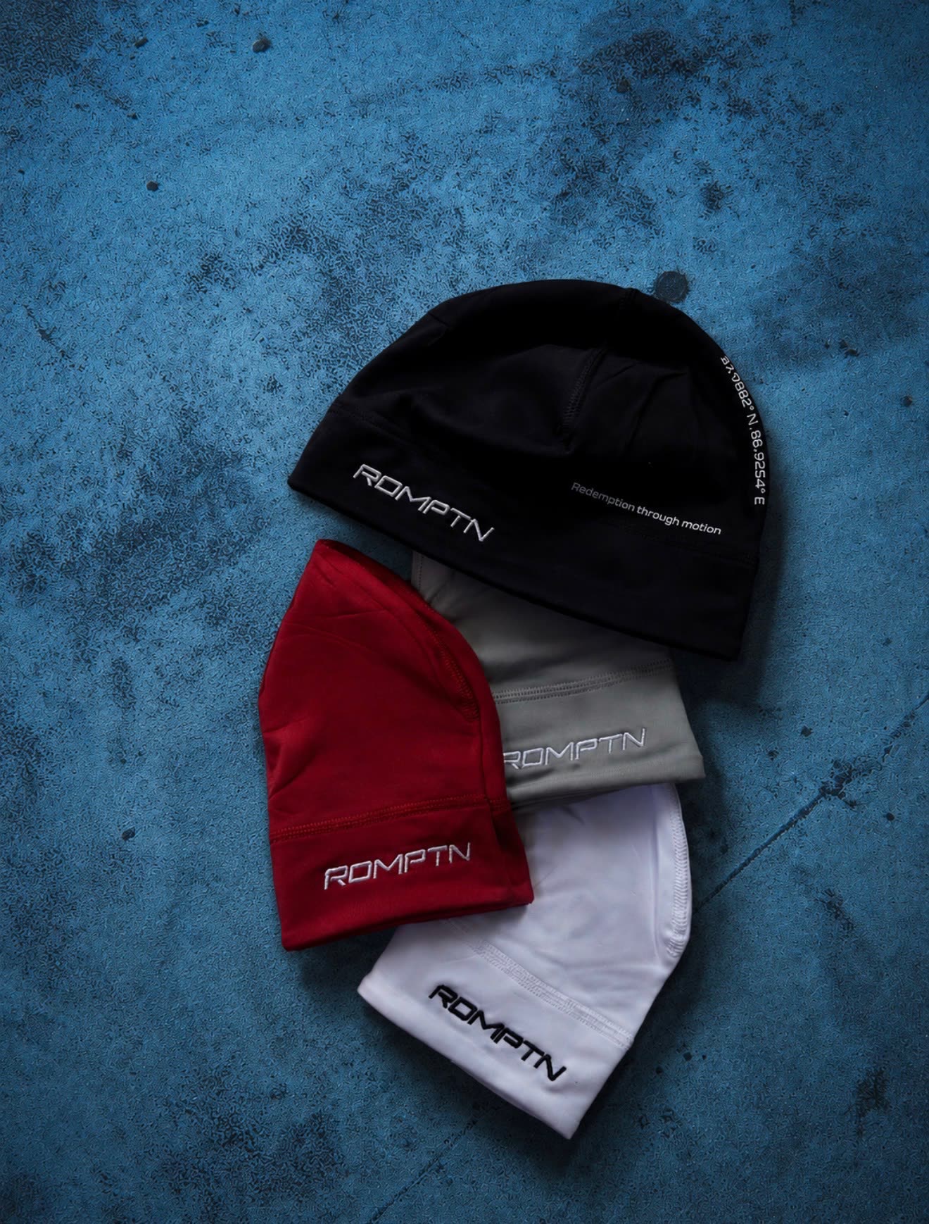 RDMPTN beanies in black, red, grey and white